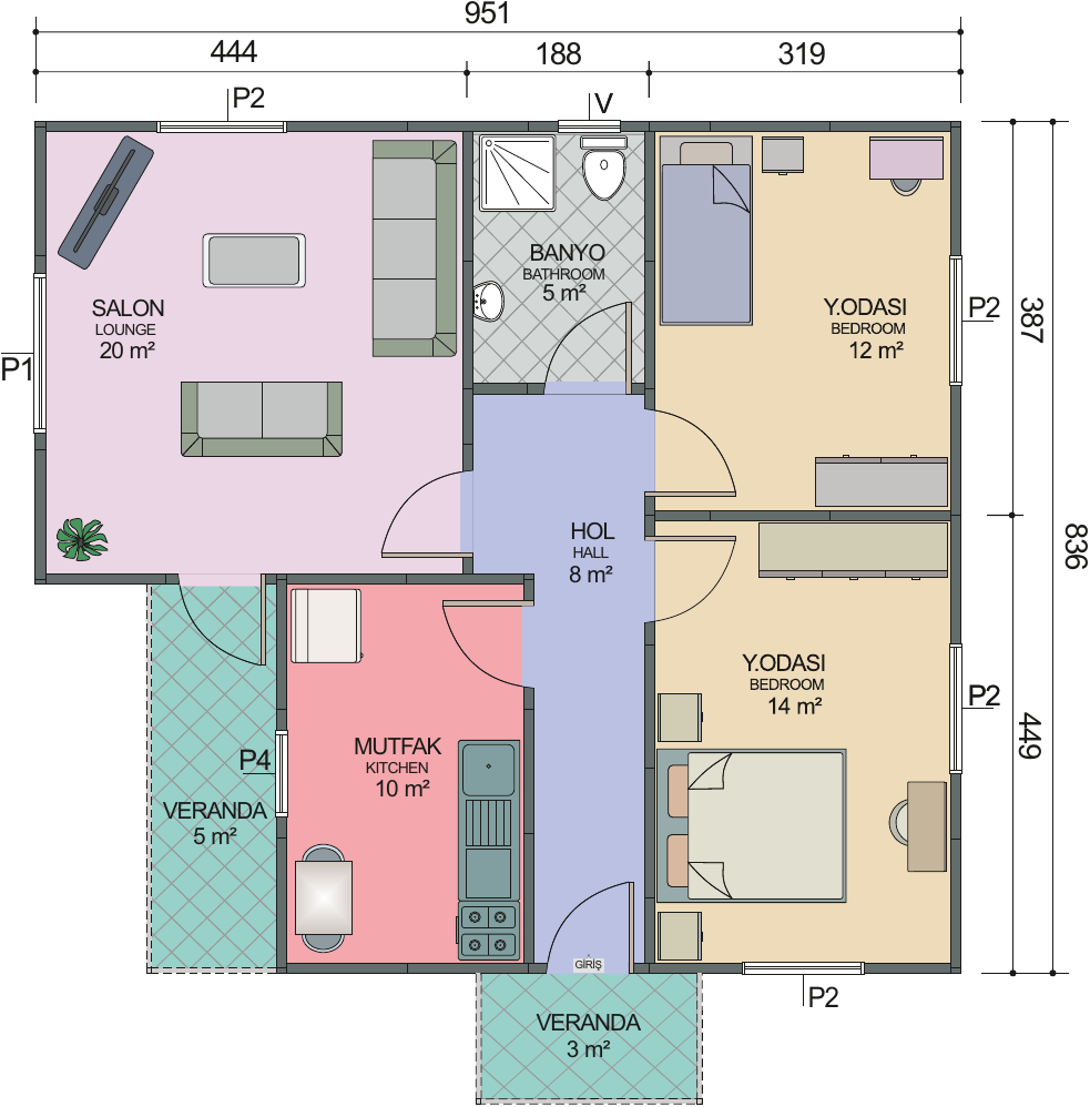 VERA 520 — 77 m² 2+1 Tek Katlı Prefabrik Ev